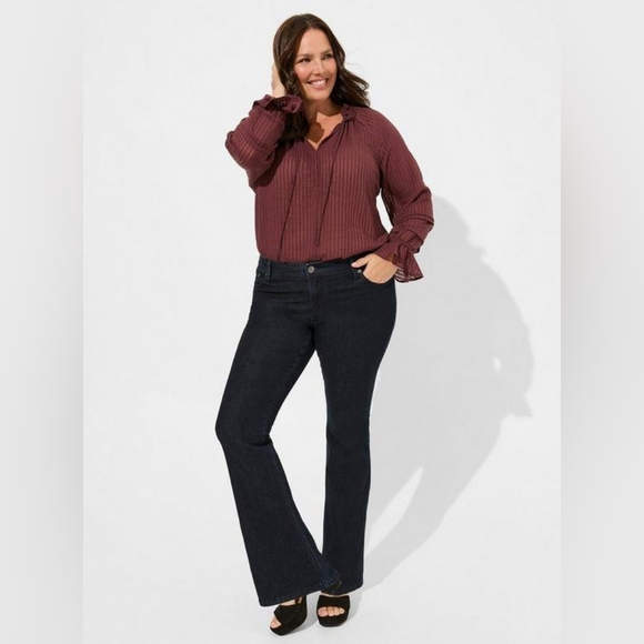 EUC Torrid Size 2X Burgundy Stripe Gauze Lace Up Peasant Top - Picture 2 of 15